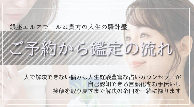 銀座エルアモールは貴方の人生の羅針盤。ご予約から鑑定の流れ。一人で解決できない悩みは人生経験豊富な占いカウンセラーが
自己認知できる言語化をお手伝いし
笑顔を取り戻すまで解決の糸口を一緒に探ります